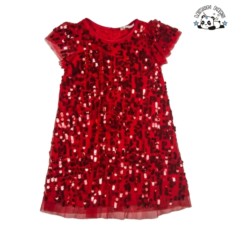 LEZONKIDS - Customizable Latest American Stylish Ruffle Sleeves Sequin Dress Multi Color Shiny Girls Party Dress